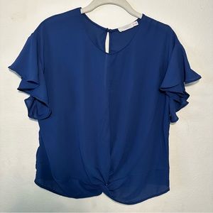 Lush Women’s Navy Blue Flutter Sleeves Twist Front Crop Blouse size XS